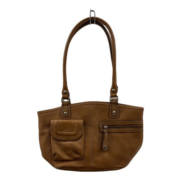 Tignanello Womens Shoulder Bag Mustard Brown Leather Mag Snap Outside Zip Pocket - Picture 1 of 11
